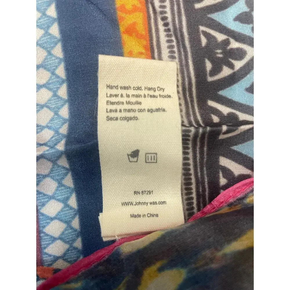 Johnny Was Silk Scarf Large Square Patchwork Boho Tassel Wrap Pink Blue
